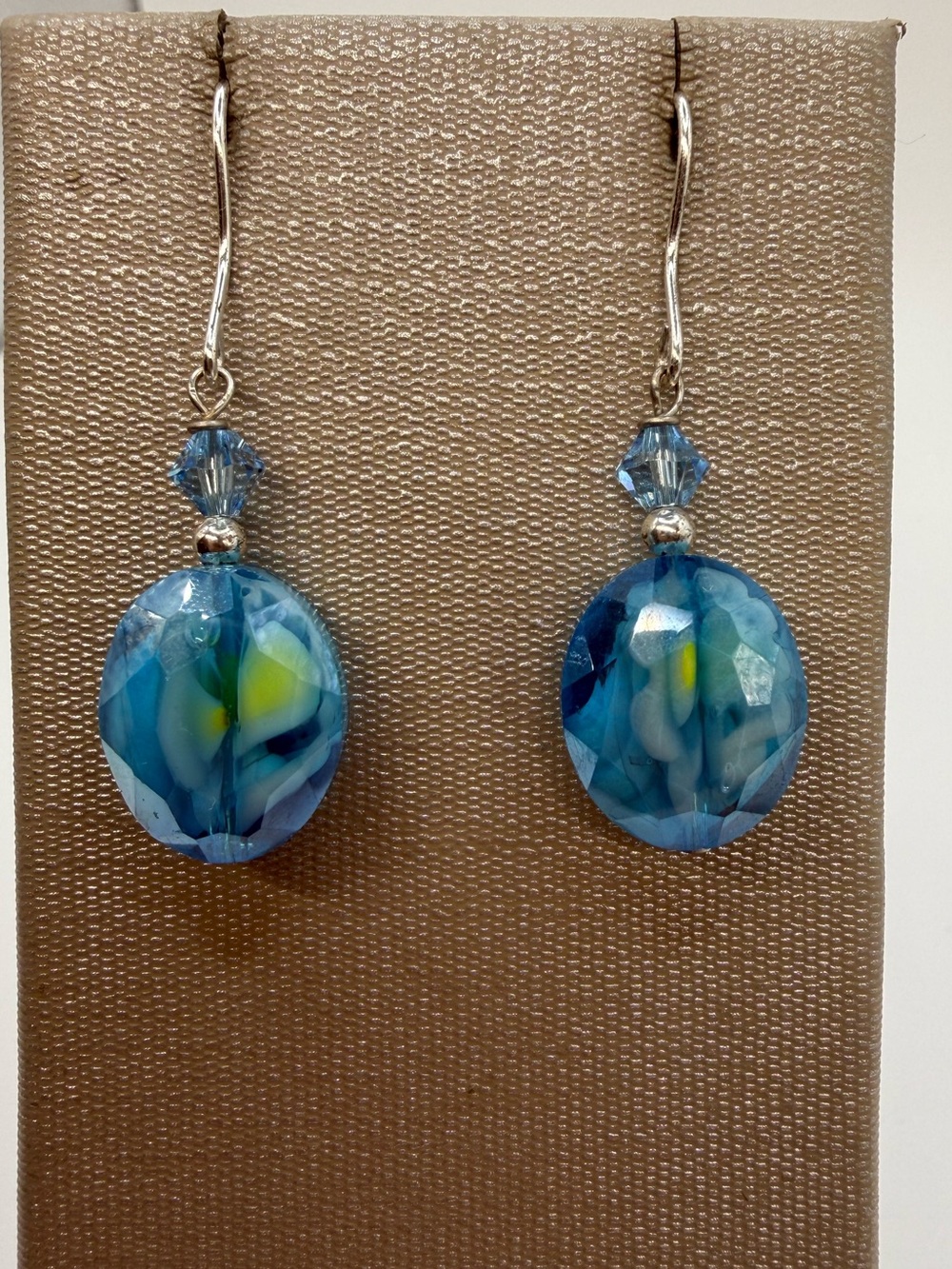 925 Thai Sterling Silver Blue Art Glass Floral Bead Dangle Earrings 1.5”